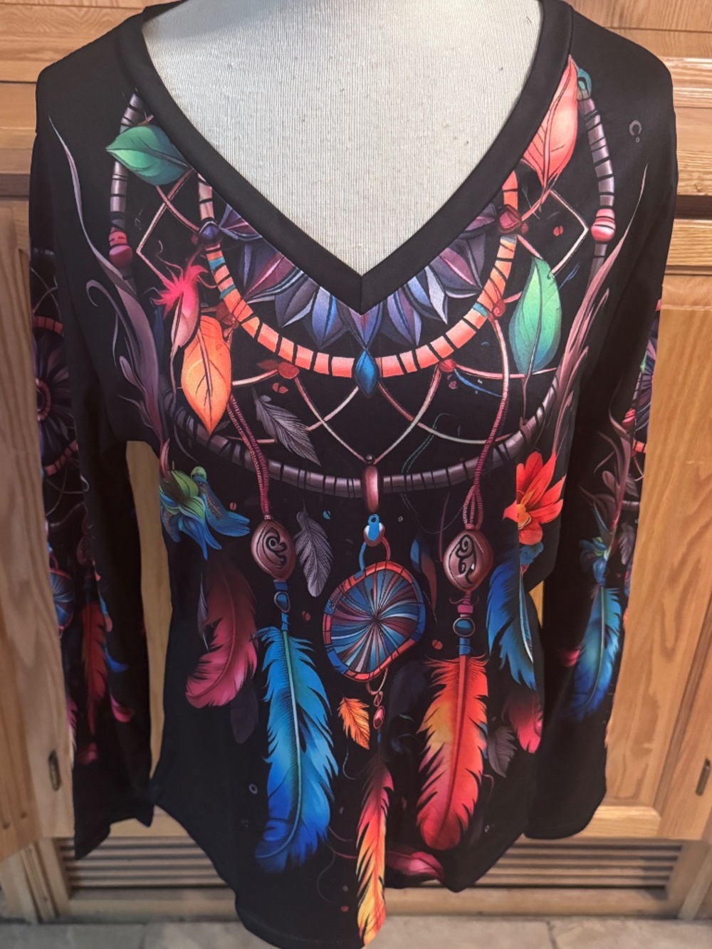 Women's V-Neck Dream Catcher Blouse Long Sleeve Large Colorful Classic Casual - Picture 2 of 10